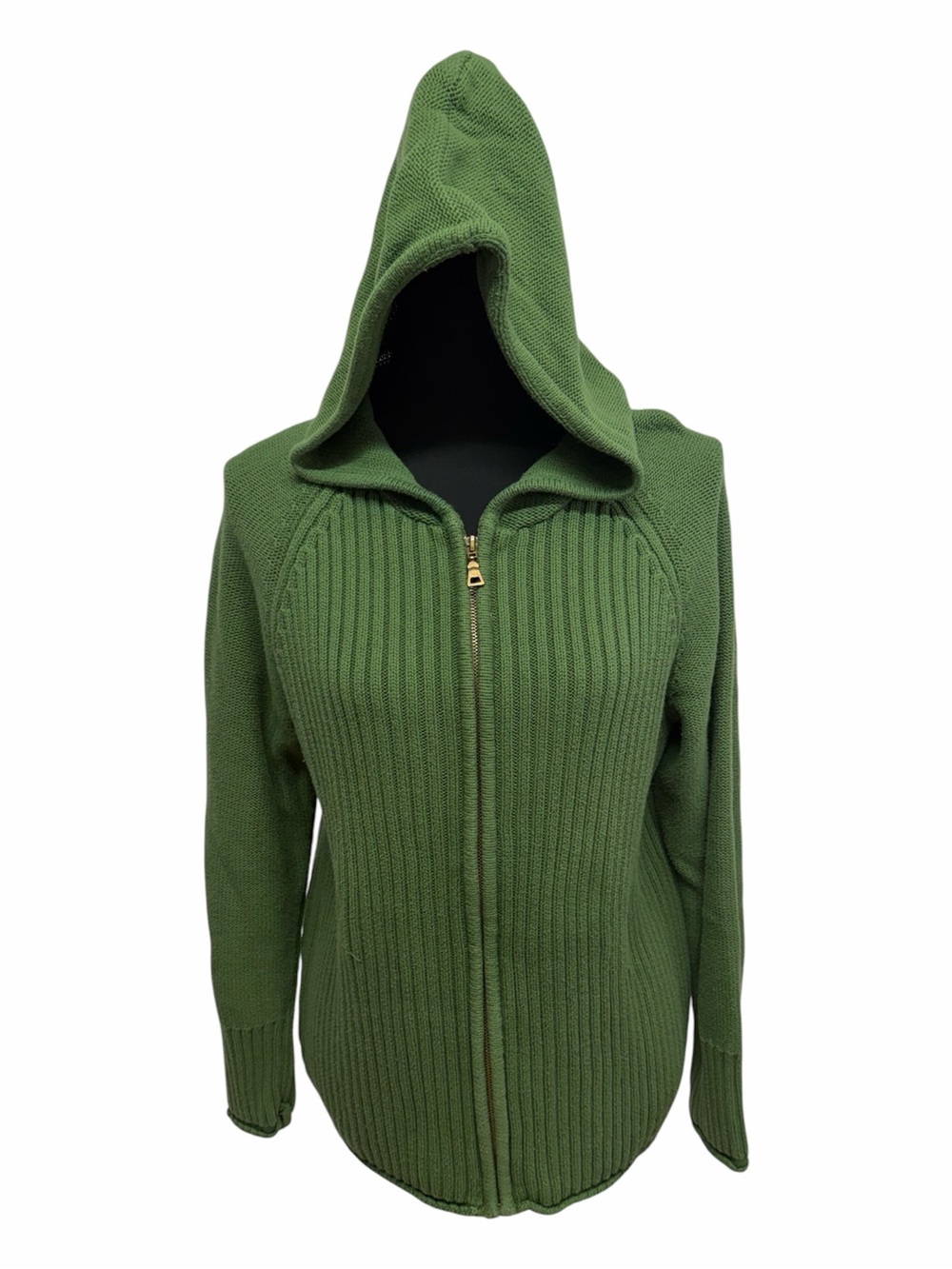 Eileen Fisher Green Hooded Zip Front Rib Knit Sweater Jacket Large